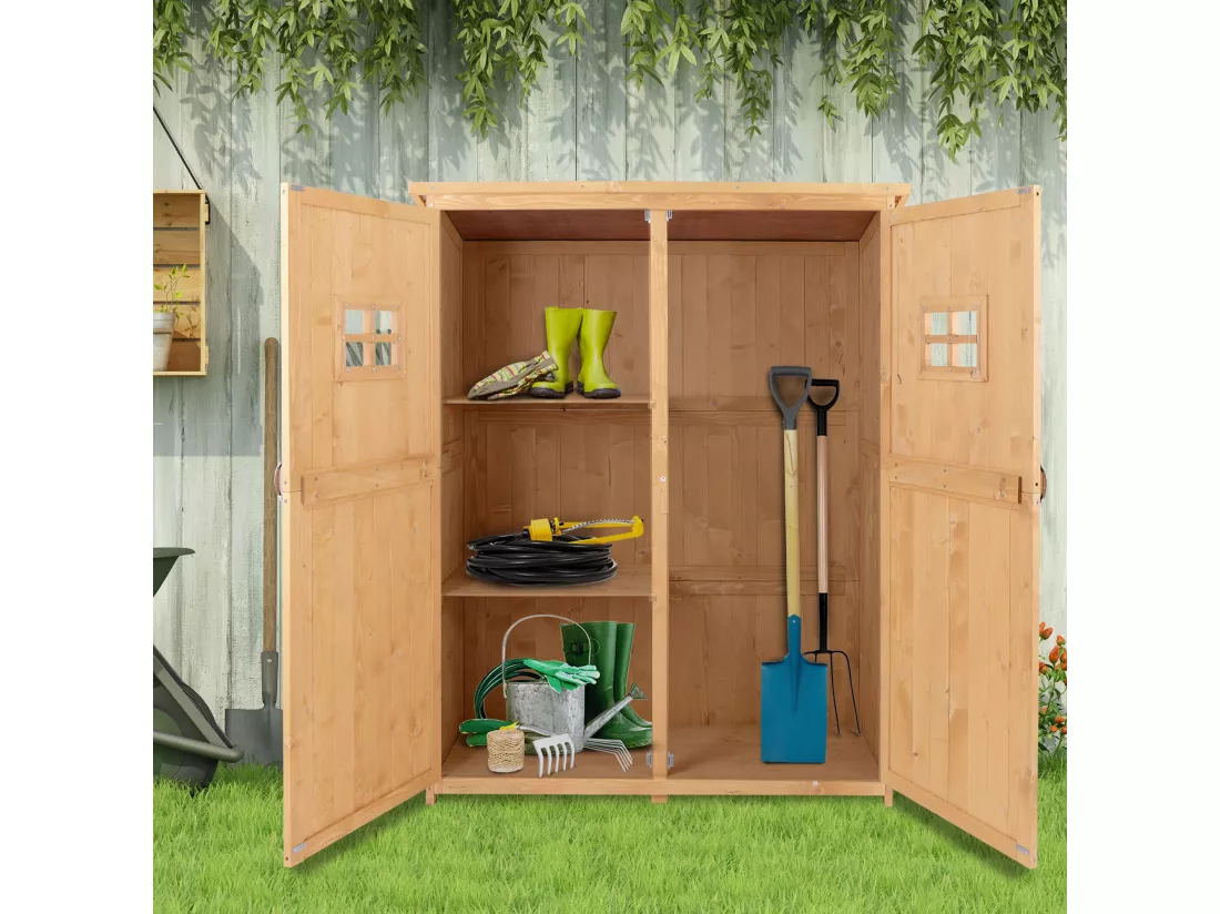 Abri de jardin armoire de jardin remise pour outils sur pied dim. 128L x 50l x 164H cm 2 étagères 2 portes 2 fenêtres toit bitumé étanche bois massif sapin pré-huilé