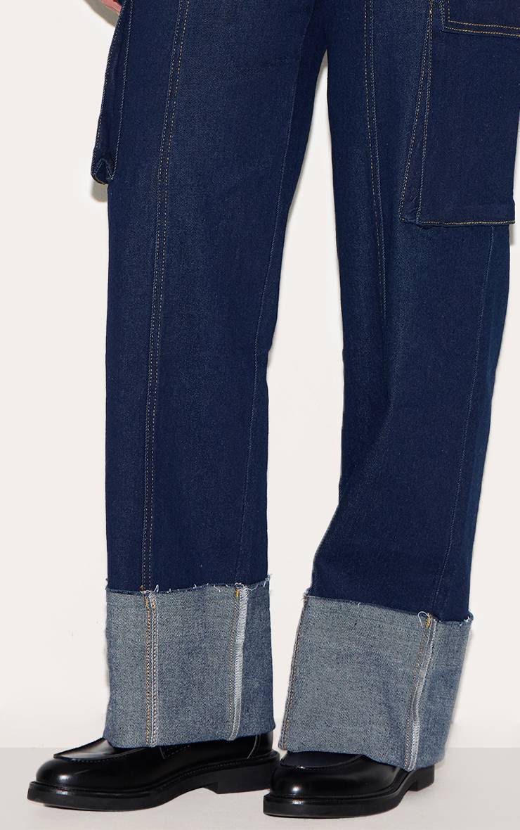 Bleu Indigo Jean Cargo Taille Haute En Denim Stretch Shape Avec Ourlets Retroussés