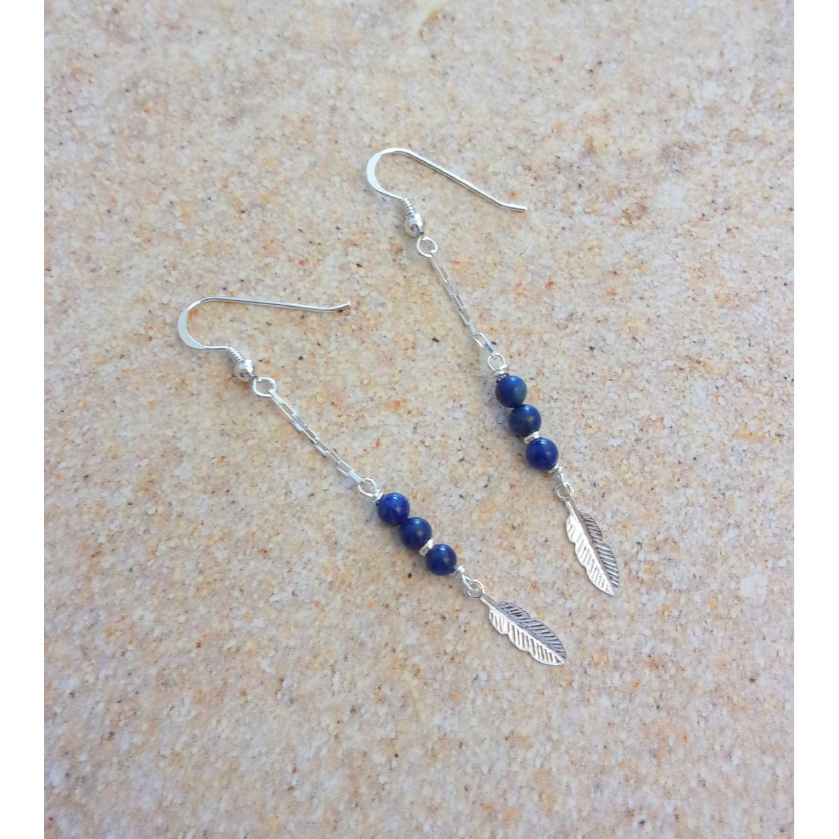 Boucles d'oreille Plumes - Argent 925 et Lapis-Lazuli