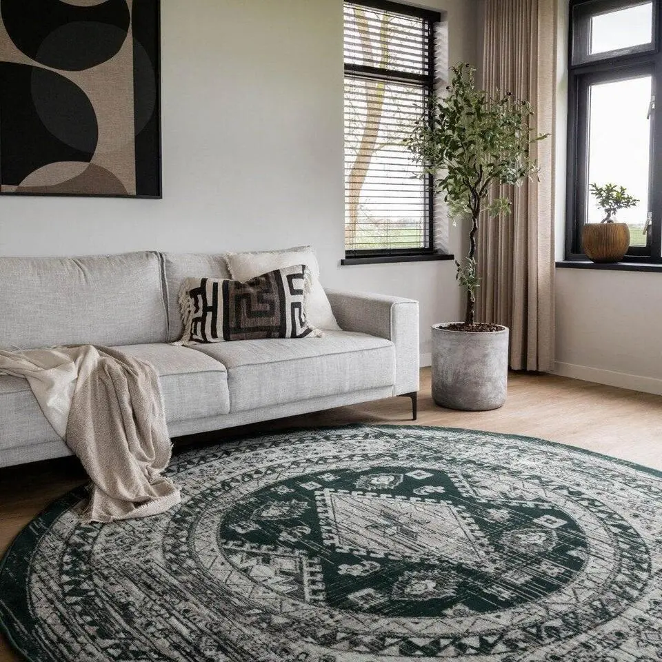 Interieur05 rond vintage vloerkleed Aila groen - 190 x 190 cm