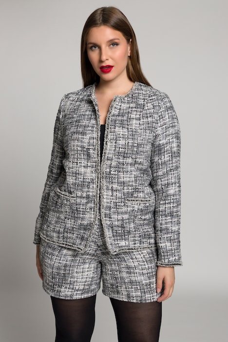 Bouclé-Jacke, Zierband, Rundhals, Hakenverschluss