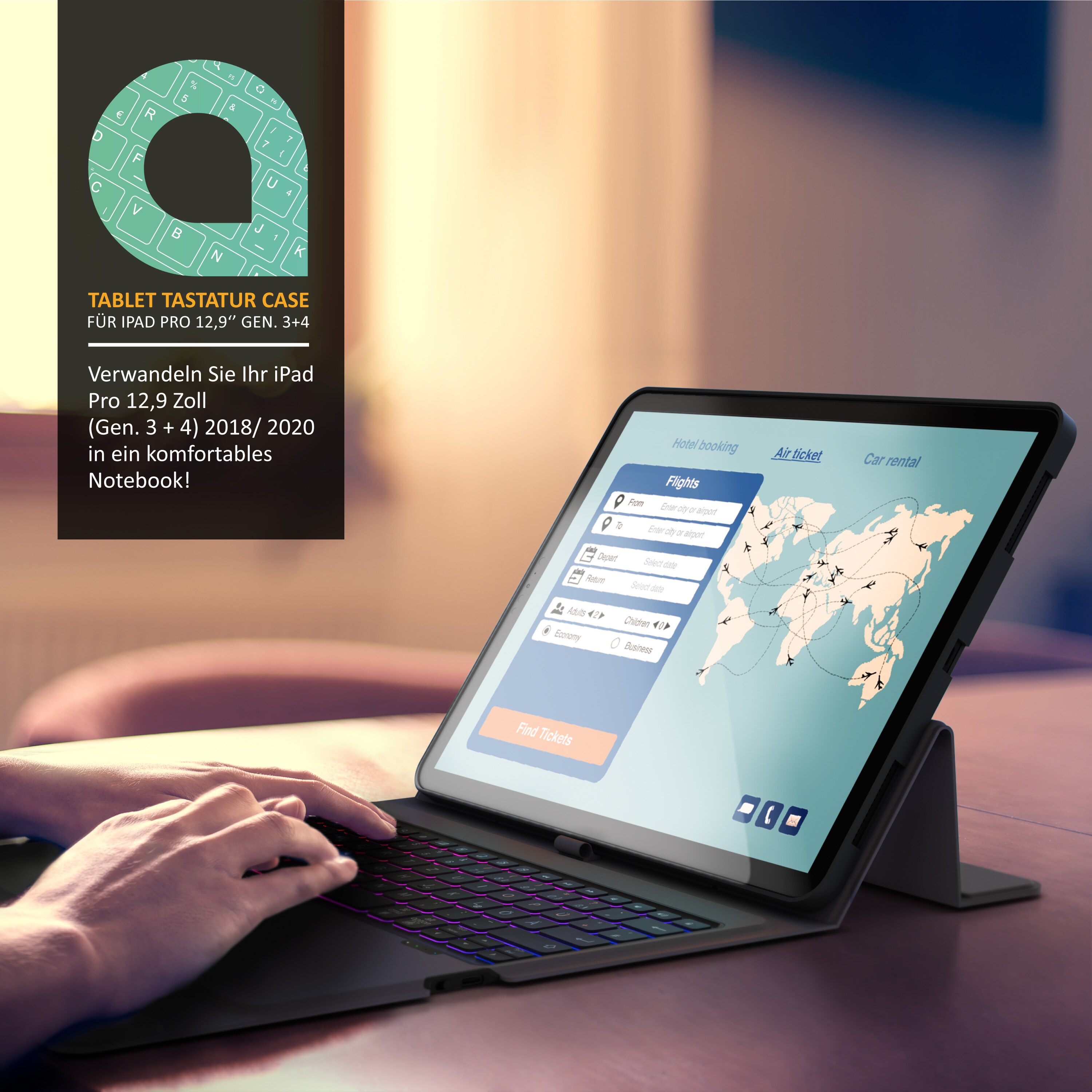 Aplic Bluetooth Tastatur kompatibel mit iPad Pro 12,9 Zoll - Gen 3 + 4 - 500 mAh Akku - inkl. Hülle - Tablet Keyboard kompatibel mit Apple Layout