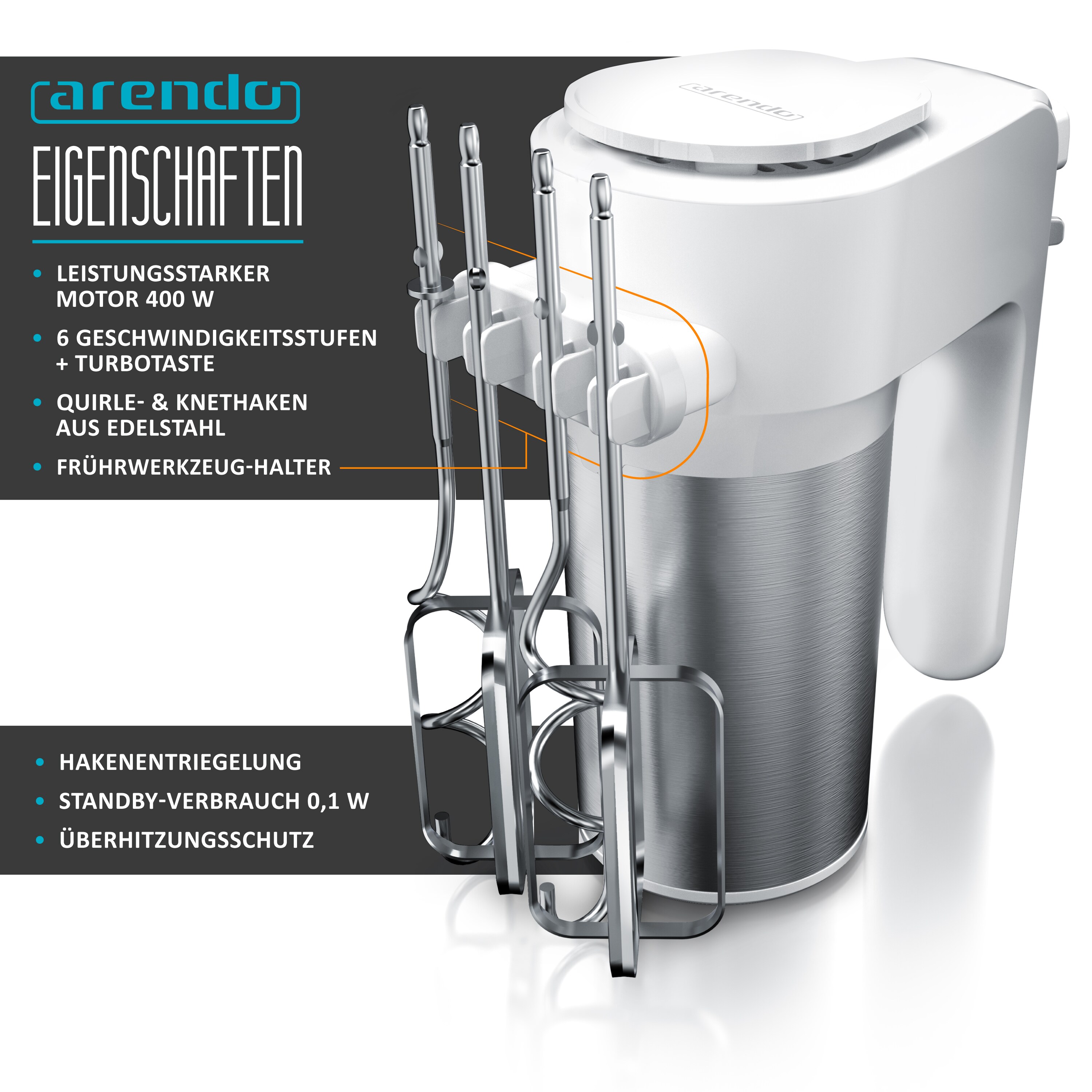 Arendo Elektrischer Handmixer inkl. 2 x Quirle und 2 x Knethaken aus Edelstahl