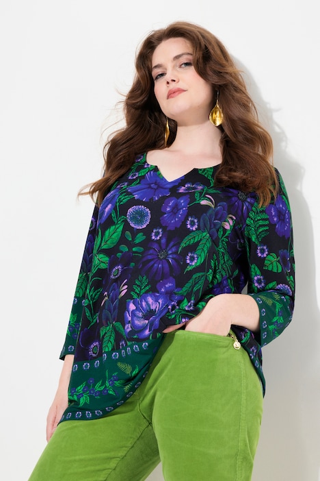 Shirt, Landhausdruck, A-Linie, Tunika-Ausschnitt, 3/4-Arm