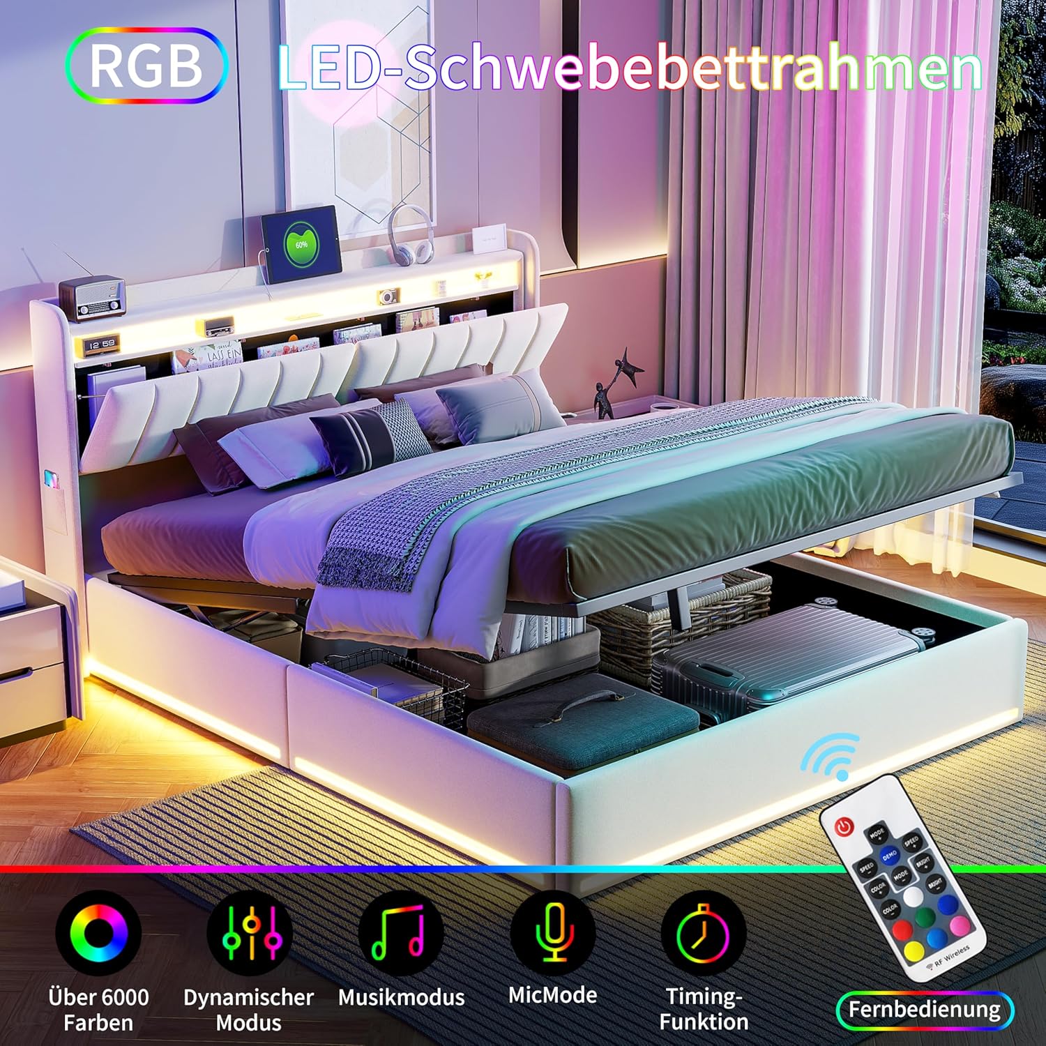 Polsterbett 140x200 mit Stauraum, Doppelbett mit LED/USB, Hydraulisch Stauraumbett, Jugendbett mit kopfteil und Lattenrost, Bettrahmen für Erwachsene, Samt (Beige, 140 x 200 cm)