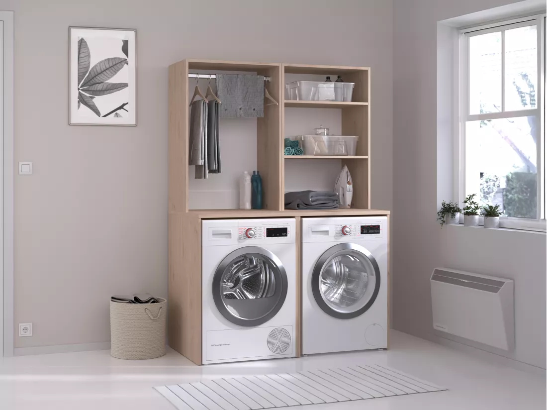 Meuble pour 2 machines à laver avec penderie et étagères - Naturel clair - H184 x L128 cm - ERKANO