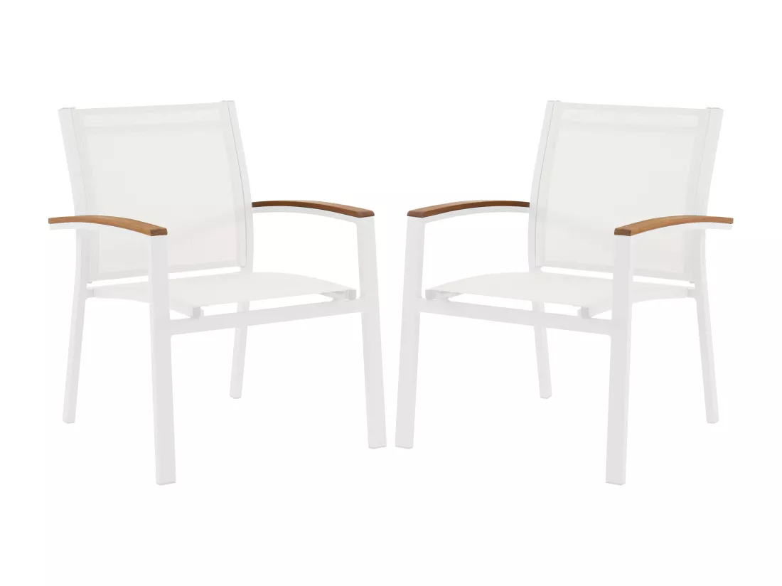 Lot de 2 fauteuils de jardin empilables en aluminium et textilène - Blanc et accoudoirs acacia - TAIPIVAI de MYLIA