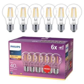 Philips LED peer E27 3,4W 6 stuks filament helder niet dimbaar