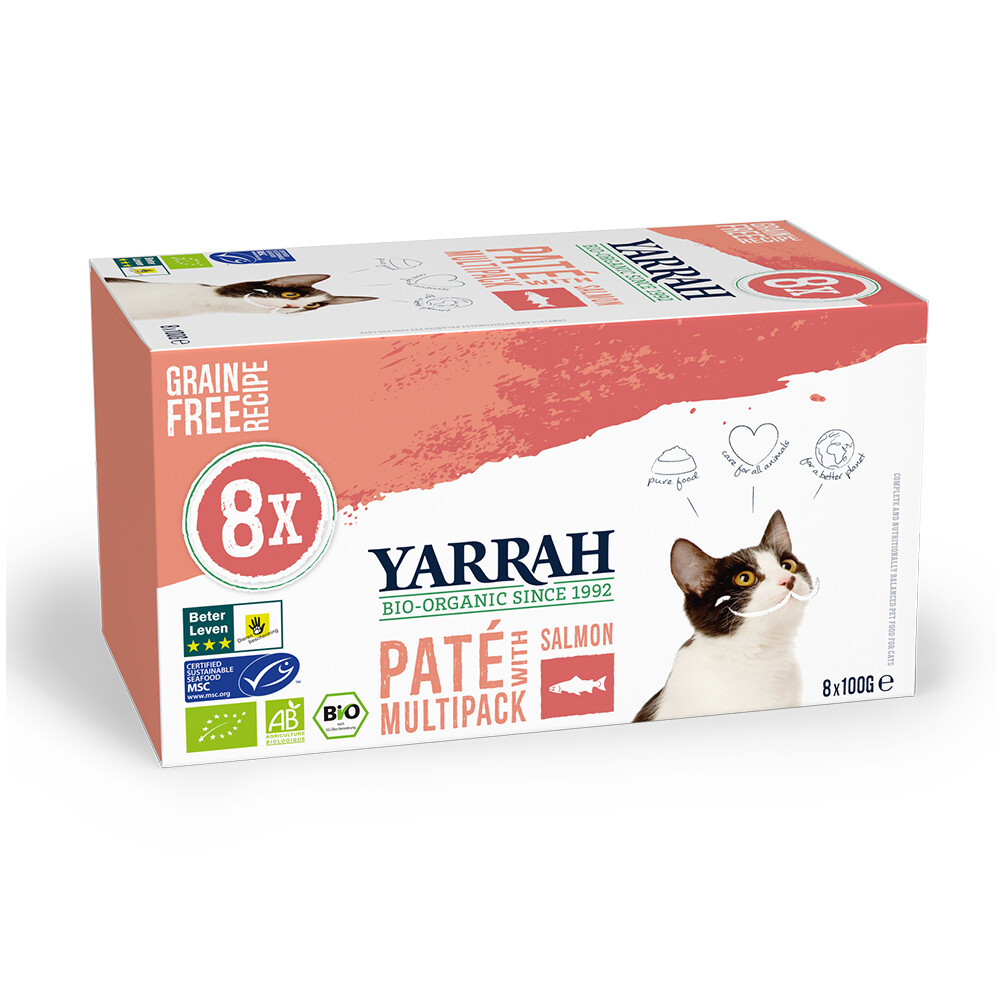 8x Yarrah Bio Kattenvoer Multipack Paté Graanvrij Zalm & Zeewier8 x 100 gr
