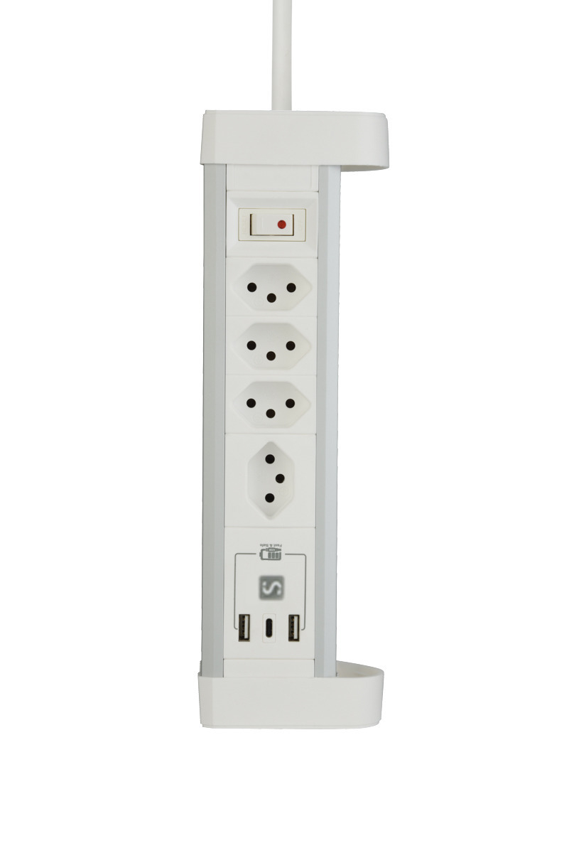 (2m) Schönenberger Elektro - Alu Tisch-Steckdosenleiste mit 4 Steckdosen und 2 x USB A   USB C (85.861.4AL) - Weiss / Silber