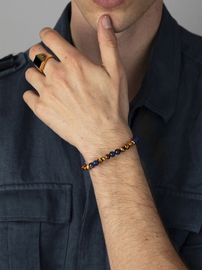 Nialaya Men's Beaded Bracelet with Dumortierite, Brown Tiger Eye and Brown/blue