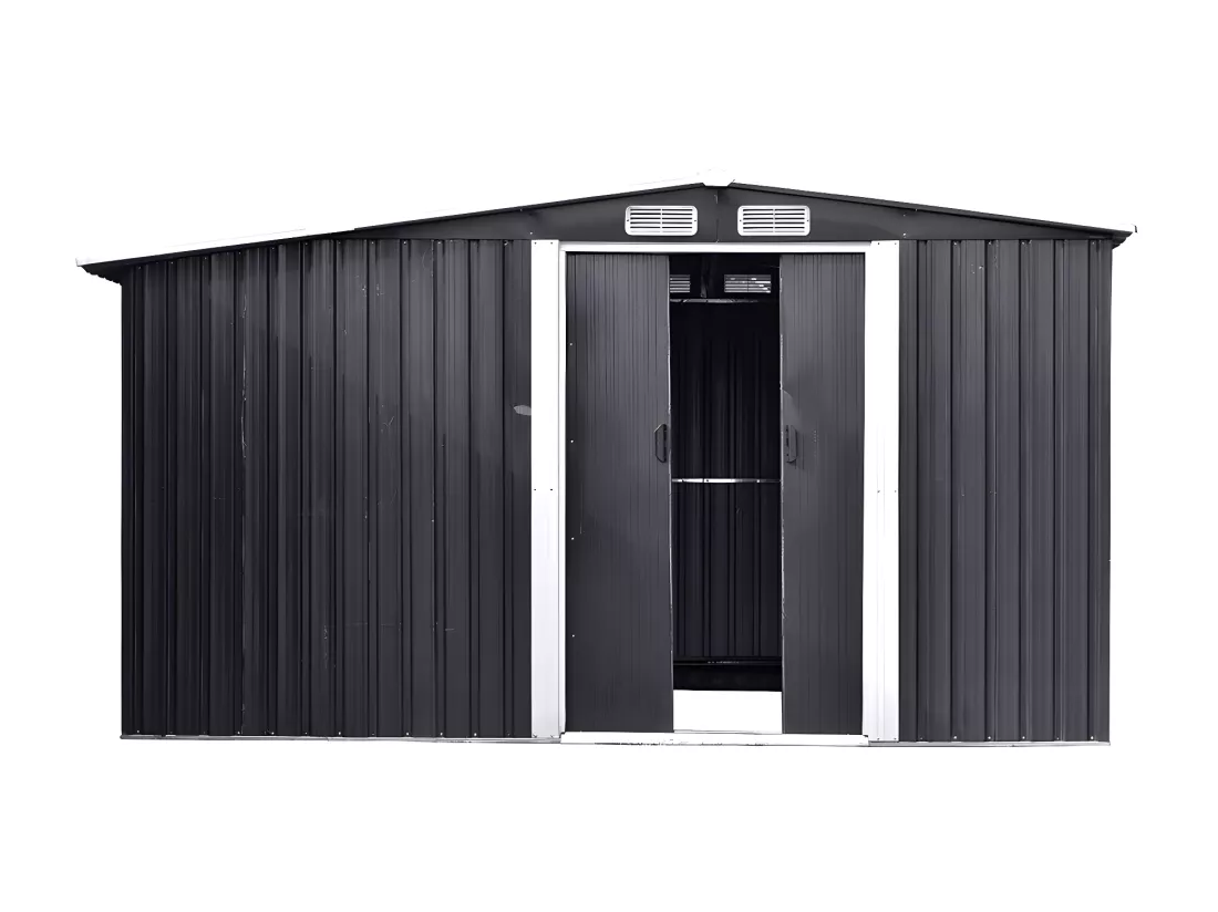 Abri de jardin métal avec abri bûche en acier galvanisé gris 10,29 m² - LERY