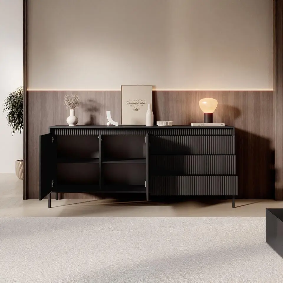 Meubella - Dressoir Saran - Mat zwart - 187 cm