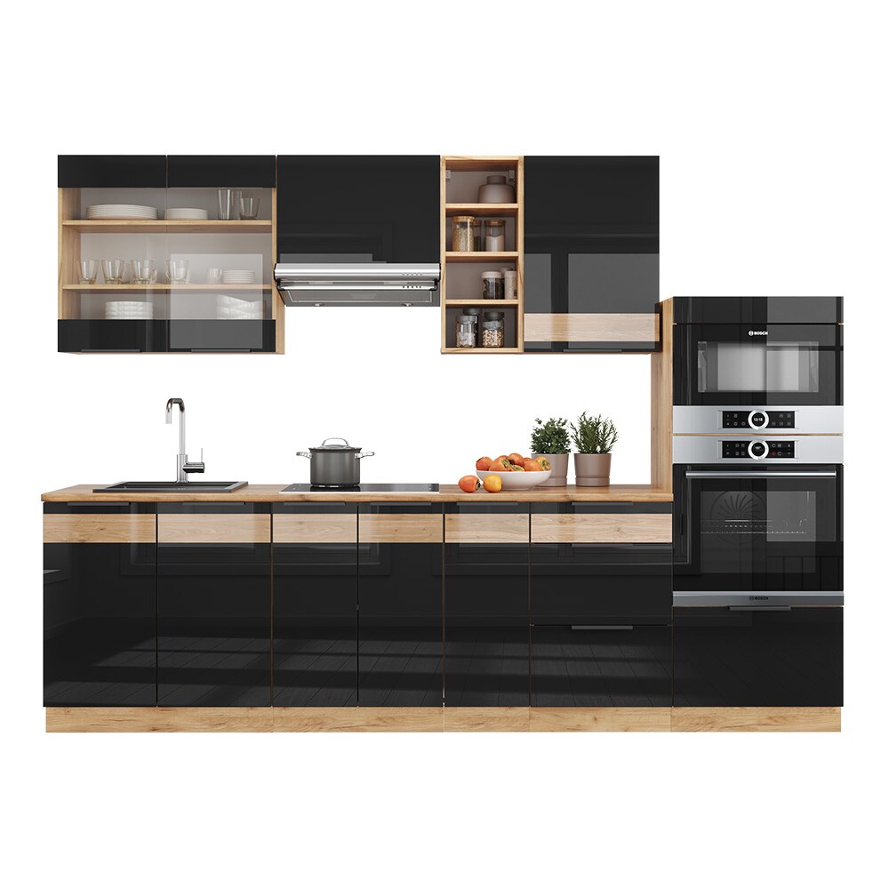Vicco Küchenzeile Küchenblock Einbauküche Fame-Line Eiche Schwarz 280 cm modern Hochglanz Küchenschränke Küchenmöbel