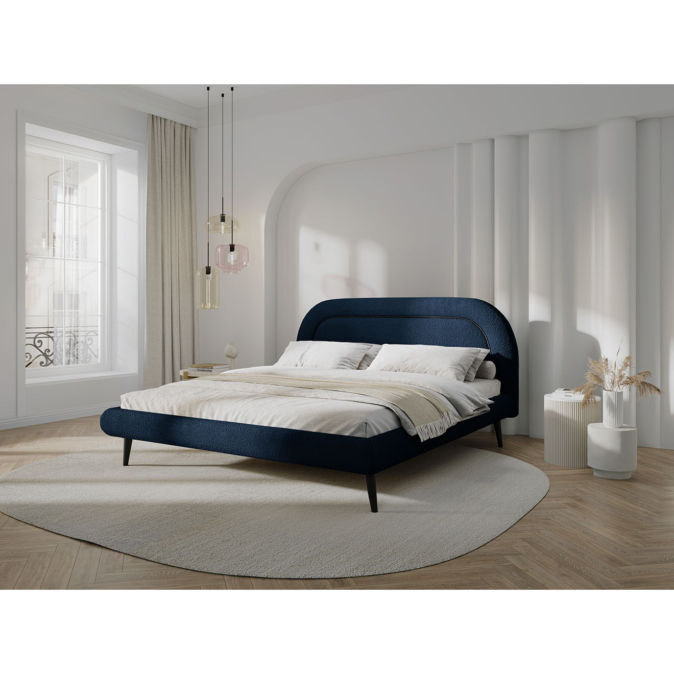 Maison Héritage Cadre avec tête de lit Maia velours bouclé bleu foncé - 160x200 cm
