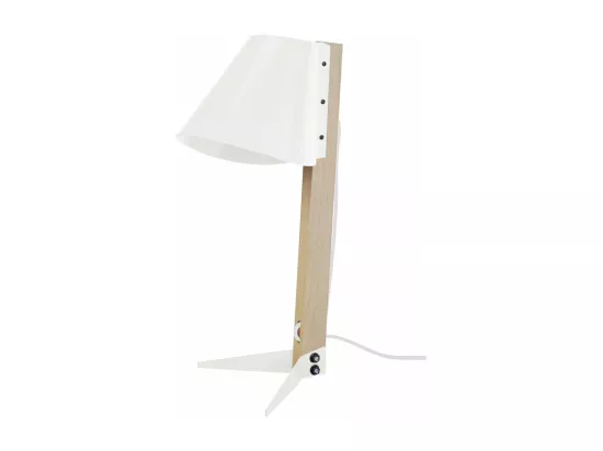 Lampe de bureau trépied bois,métal blanc 42 cm.