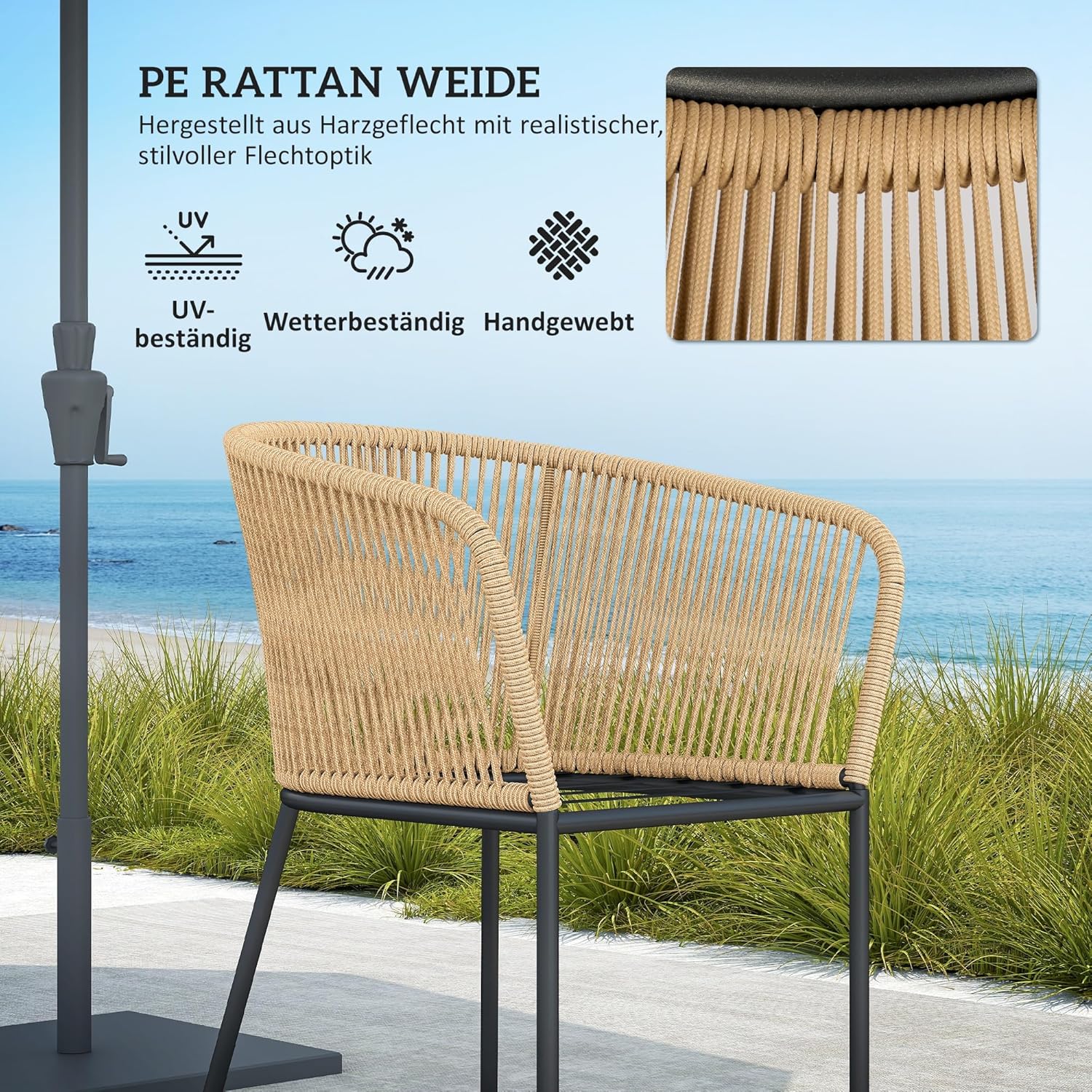 Outsunny 5-teiliges Polyrattan Gartenmöbel-Set für 4 Personen, wetterfest Balkonmöbel mit Tisch 4 Stühle abnehmbar Sitzkissen, Outdoor Terrassenmöbel Lounge-Set für Balkon, Garten, Naturholz+Khaki