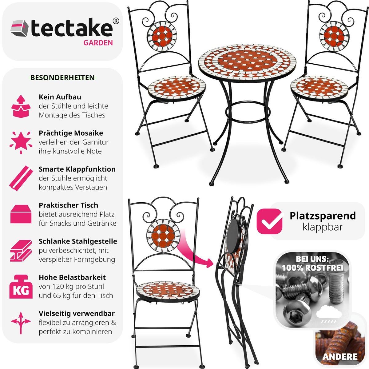 Mozaïek tuinmeubelset tectake Napels voor 2 personen, delicaat design