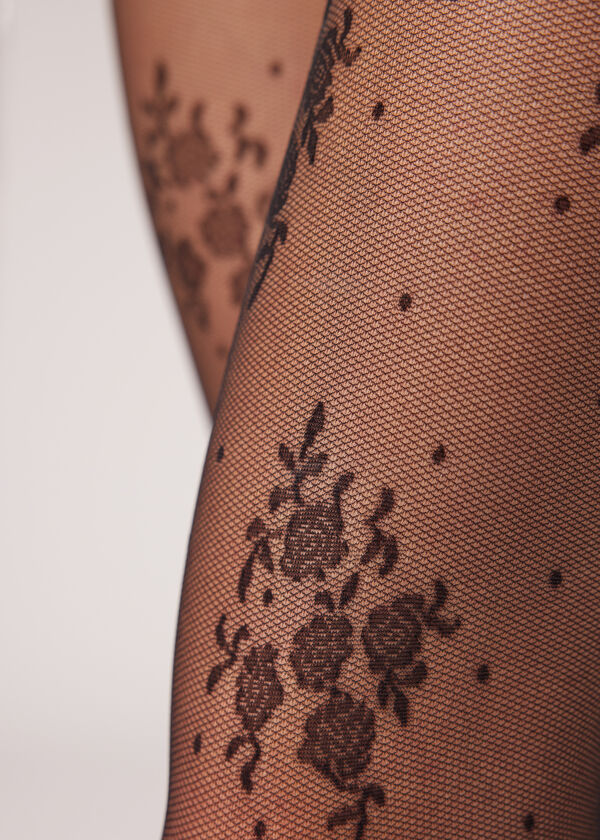 Meia-calça de tule 40 denier com estampa floral e microbolinhas