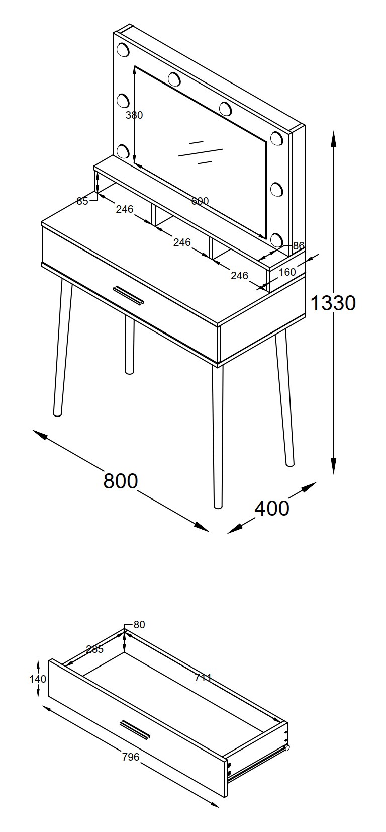 VCM 2 tlg. Schminktisch Hocker Frisiertisch Schminkschrank Kosmetiktisch Spiegel Beleuchtung Schublade Lindas