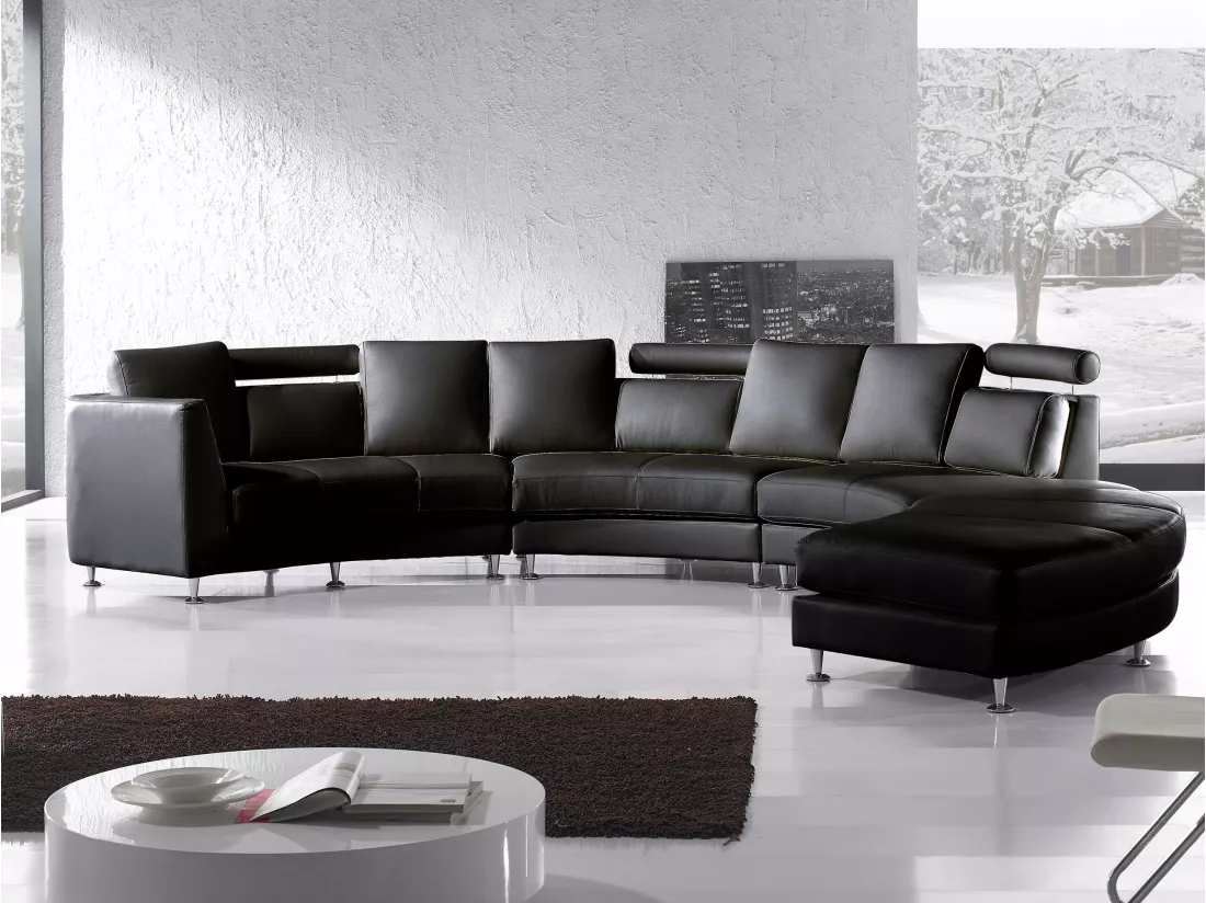Canapé circulaire modulable en cuir vrai et PU noir ROTUNDE