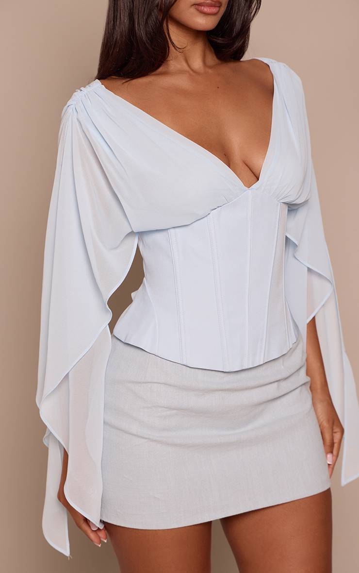 Bleu Poudré Haut Petite En Mousseline À Manches Drapées Et Taille Corset