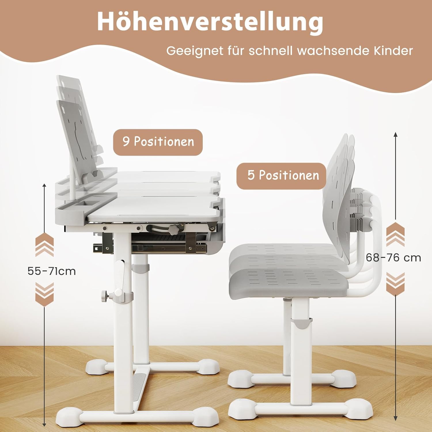 COSTWAY Schreibtisch Kinder mit Stuhl, Kinderschreibtisch höhenverstellbar mit neigbarer Tischplatte, Jugendschreibtisch mit Schublade & Buchständer für Schulanfänger ab 3 Jahren (Grau)