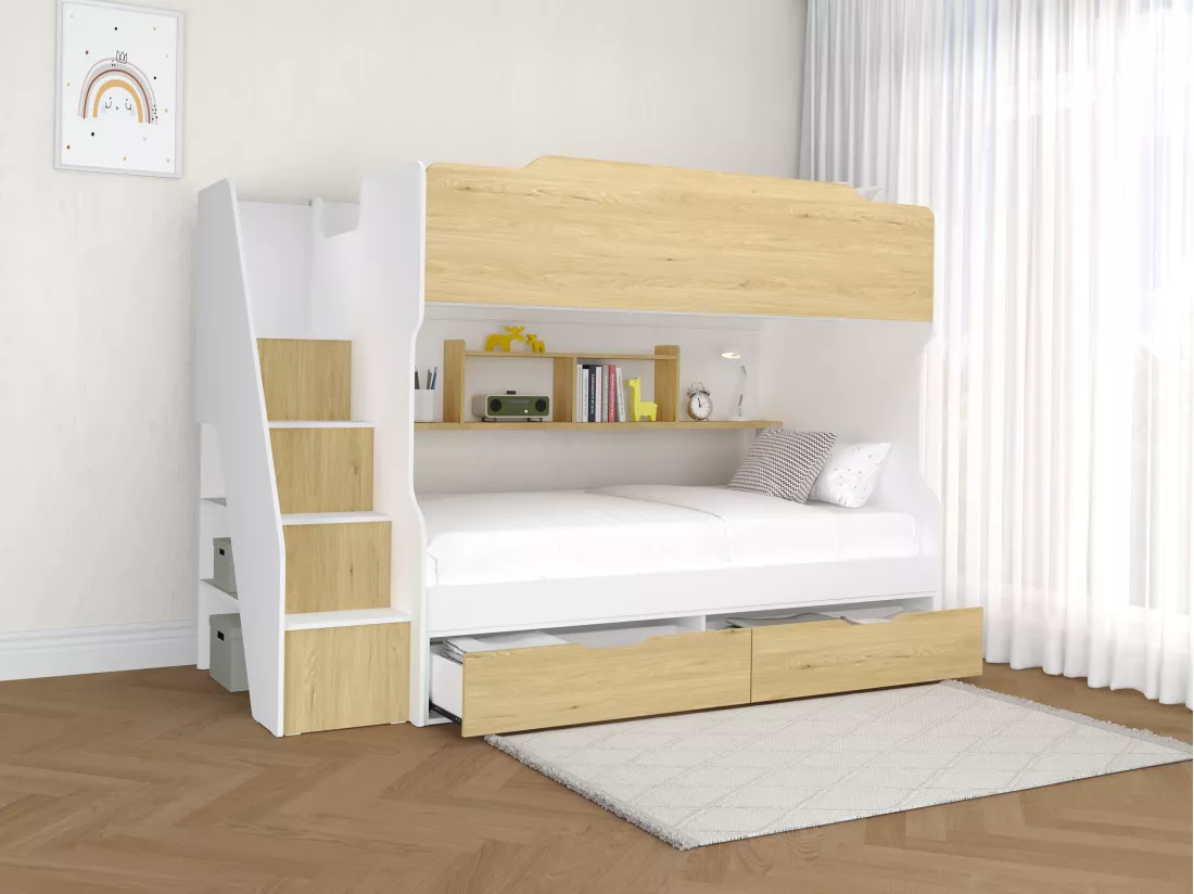 Lit superposé 90 x 190 cm - Avec rangements - Blanc et naturel + Matelas - YALOVA