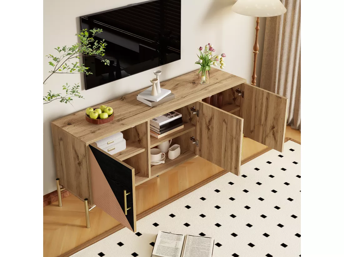Meuble TV design unique - avec 3 portes - poignées et pieds dorés - Naturel & Noir