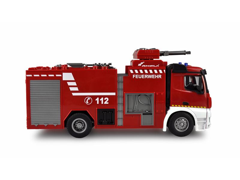 Amewi Mercedes Benz Arocs Feuerwehr Löschfahrzeug RTR, 1:18 Realistisches Feuerwehrauto mit Beleuchtung, Soundeffekten und Wasserwerfer