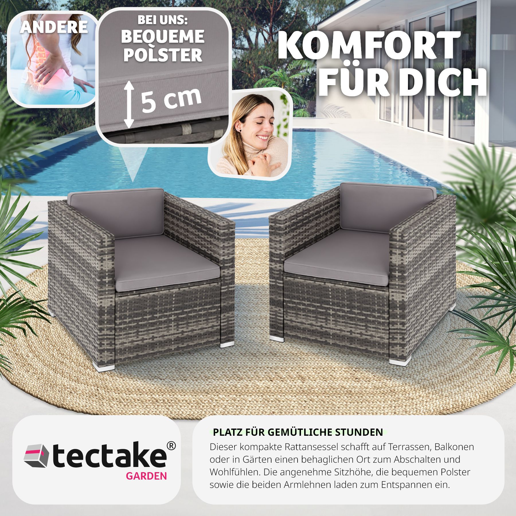 tectake® Rattansessel , widerstandsfähig, inklusive Sitz- und Rückenpolster, 70 x 69 x 65cm