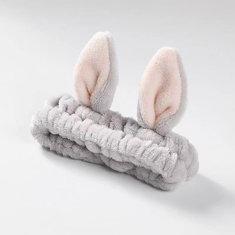 Elastisches Damen Plüsch Haarband für Gesichts Pflege Spa Stirnband (One Size) Hasenohren - Grau
