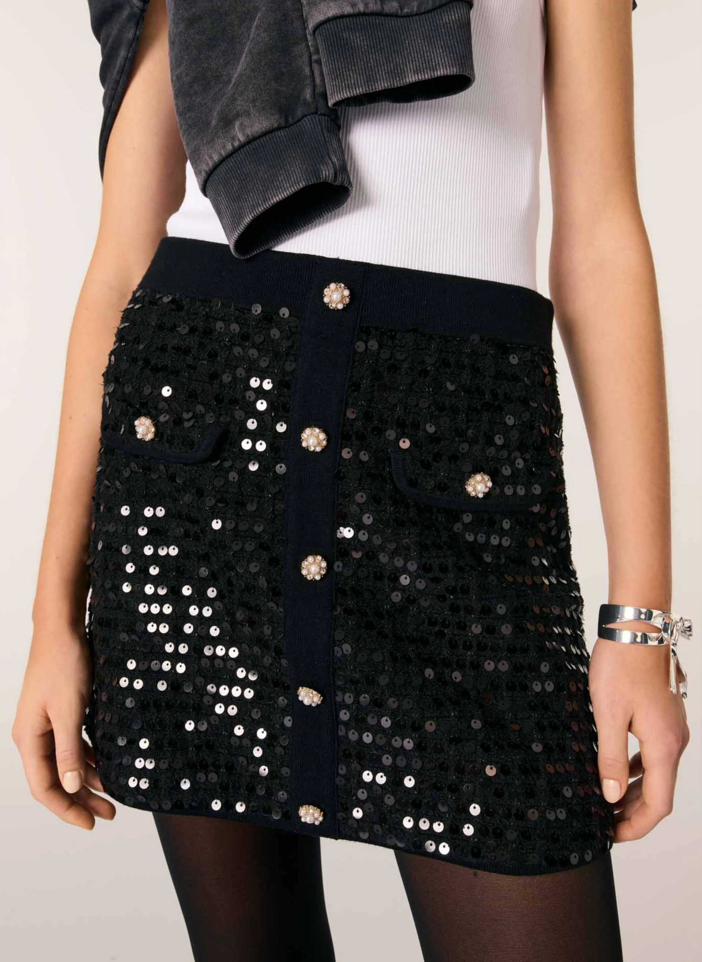 Jupe droite à sequins | Noir