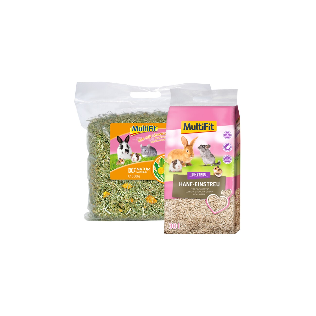 MultiFit Löwenzahnheu 500 g und Hanfstreu 30 L