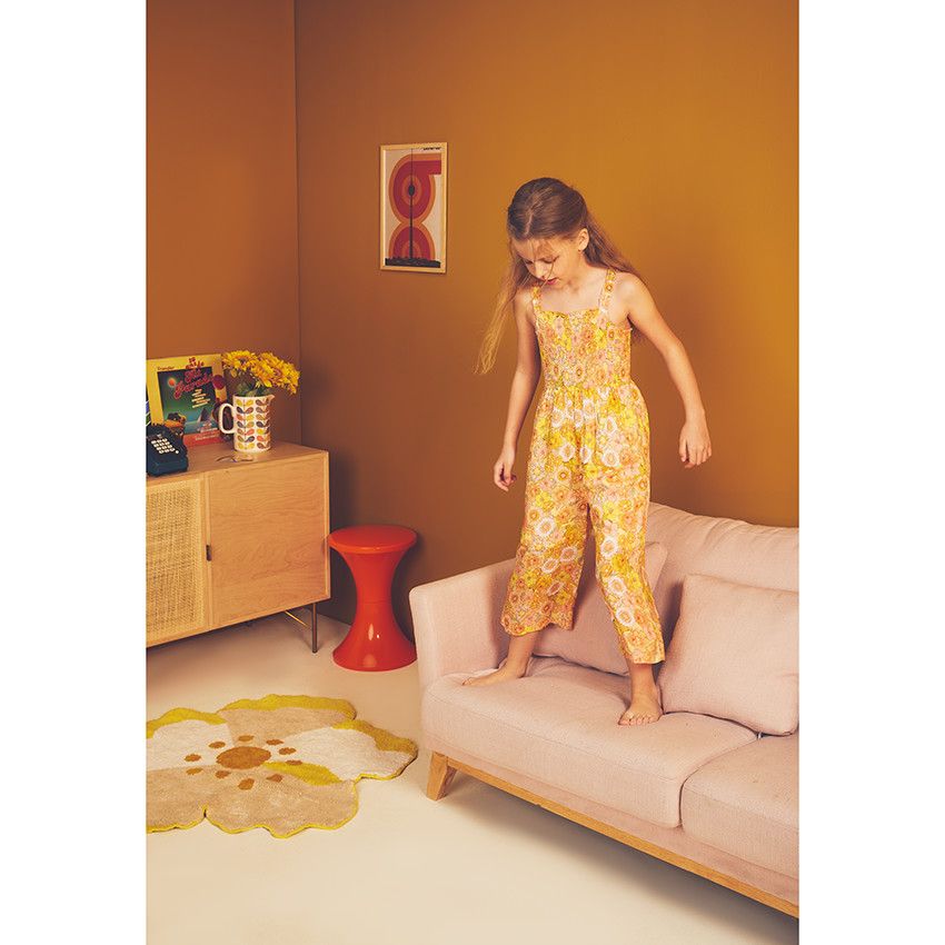 Combinaison longue à smocks imprimé fleurs retro pour fille - Jaune