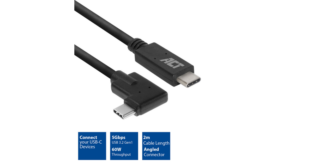 ACT ConnectivityUSB 3.2 USB-C (recht) naar USB-C (links/rechts haaks) kabel  (Zwart, 5 Gbit/s, 60W, 2 meter)