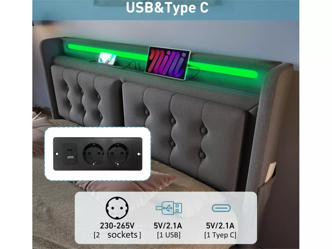 Lit coffre 160x200cm en tissu lin - avec LED et Ports de recharge - Gris