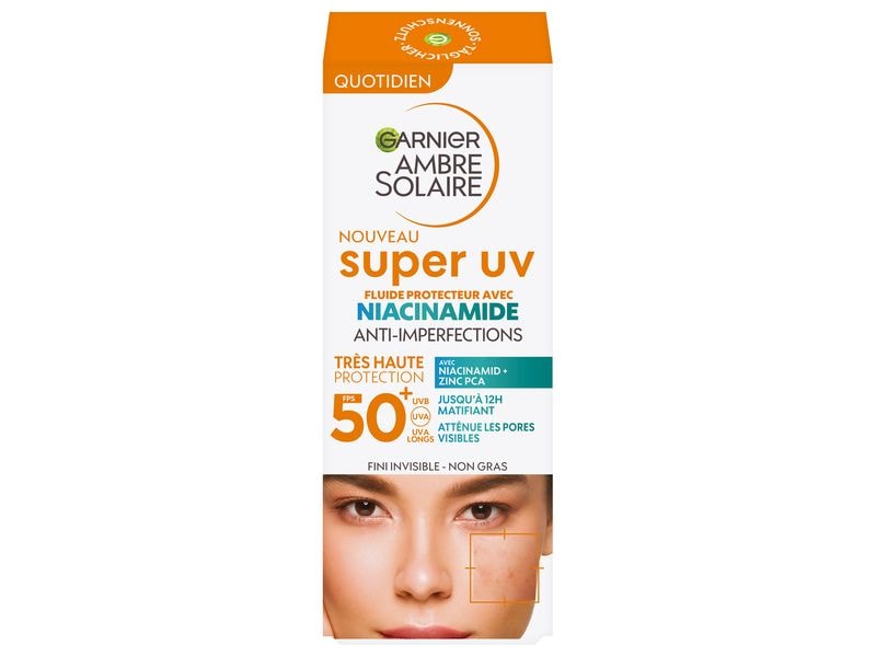 Garnier Ambre Solaire Sonnencreme Anti-imperfection 40 ml Sonnenschutzfluid eignet sich dank seiner mattierenden, nicht fettenden Formel für zu Unreinheiten neigende Haut