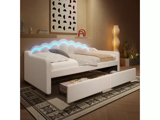 Canapé-lit 90x200 cm - avec éclairage LED - avec 2 tiroirs - velours - beige (sans matelas)