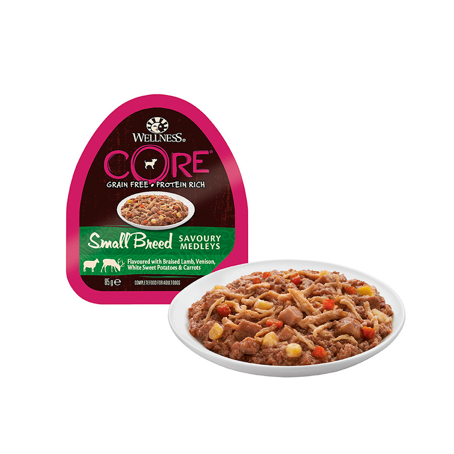 Ração para cães Wellness Core para raças pequenas, sem grãos, com carne de cordeiro e veado, 85g (pote).