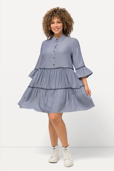 Kleid, Stickereibänder, A-Linie, Hemdkragen, 3/4-Arm