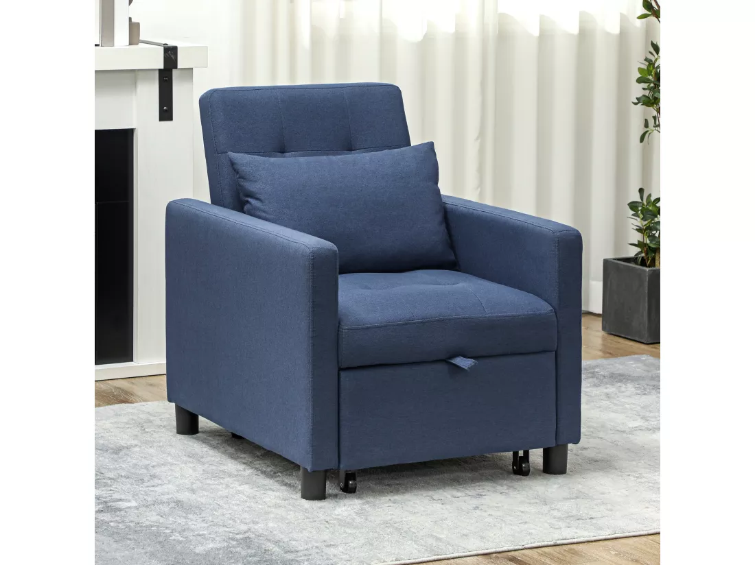 Fauteuil chauffeuse canapé-lit convertible 1 place dossier inclinable 3 positions coussin inclus polyester coton bleu