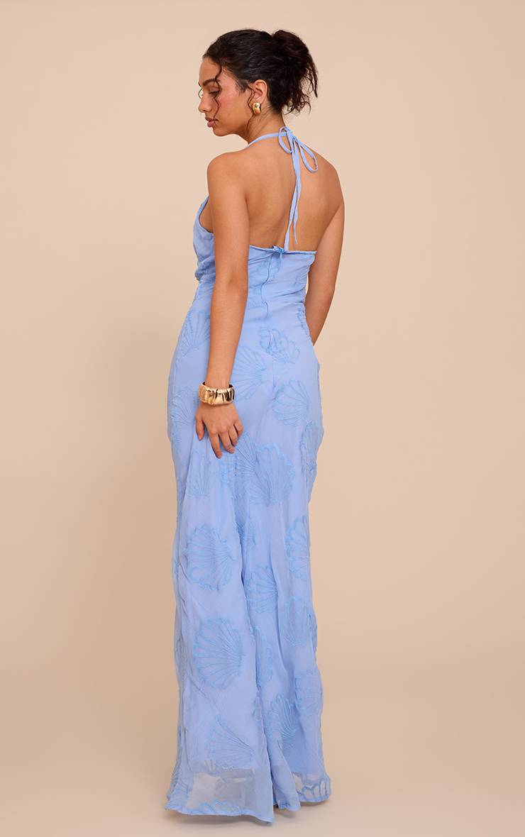 Bleu Pâle Robe Longue En Mousseline De Soie Brodée De Coquillages Avec Col Drapé