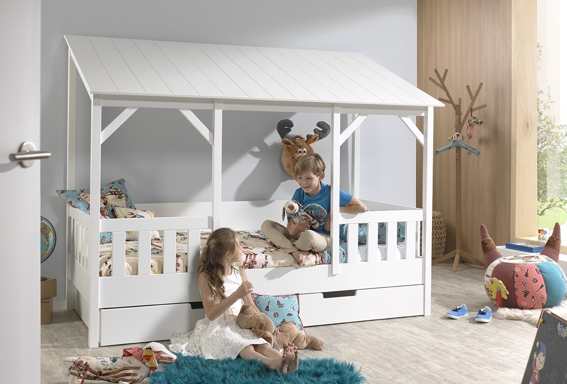 Hausbett mit 90 x 200 cm Liegefläche und Bettschublade, Korpus Weiß lackiert, Dach in Weiß
