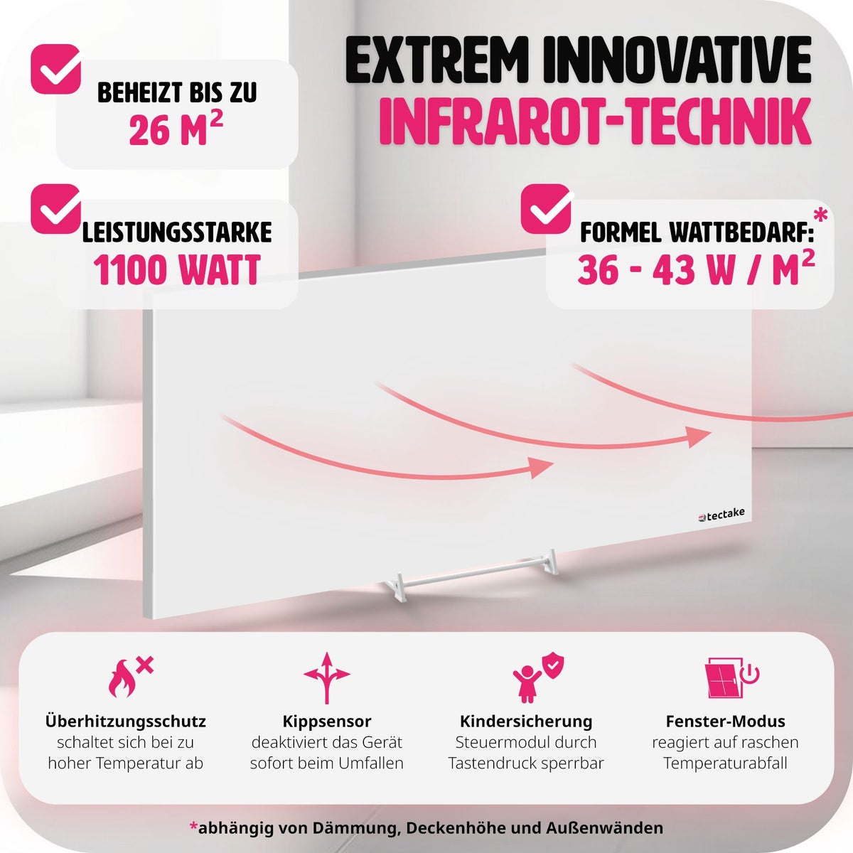 tectake frameloze infraroodstraler met thermostaat, eenvoudige wand- of plafondmontage, inclusief standaard