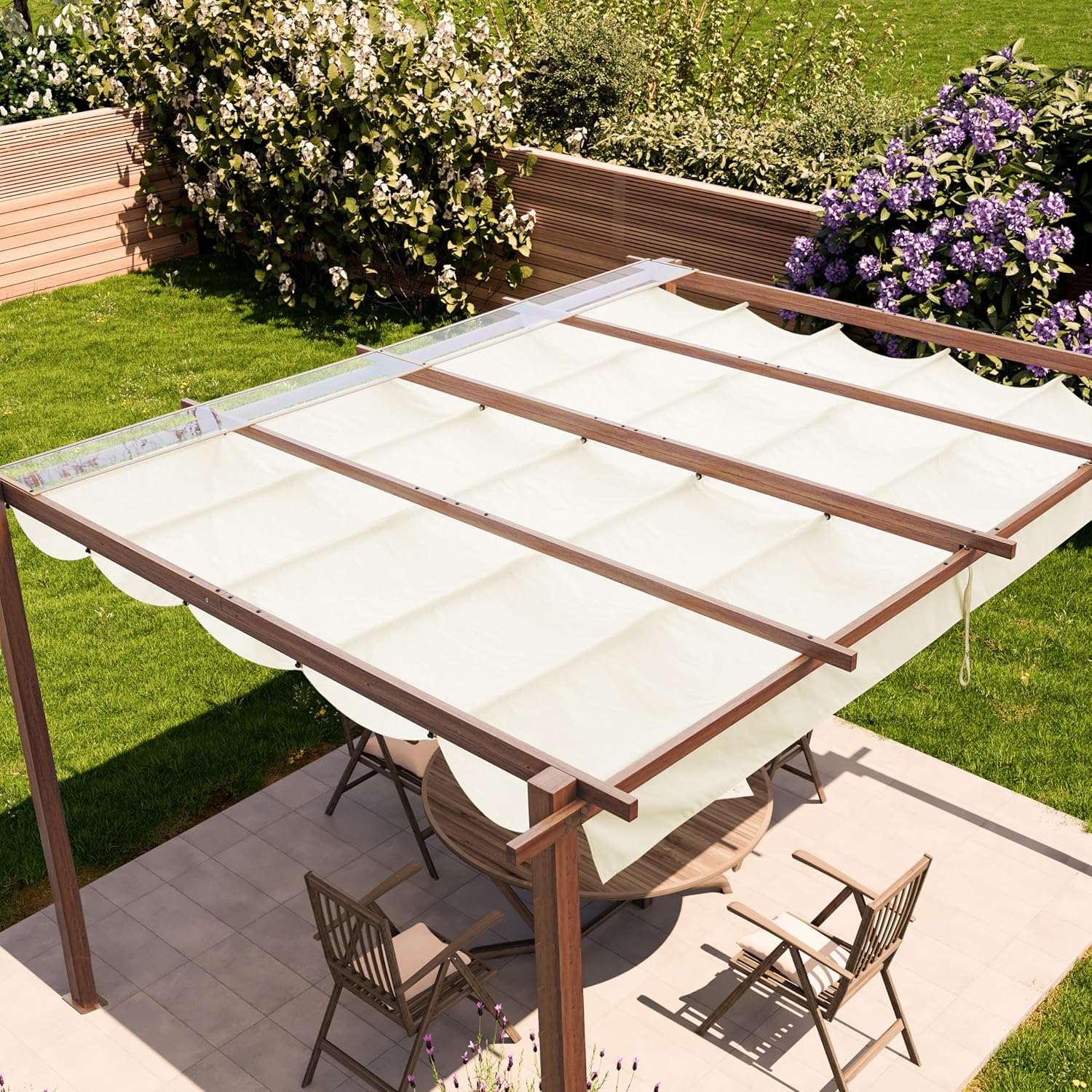 PRIMEYARD Pergola 3x4 m Terrassenüberdachung mit Schiebedach Stahlrahmen in Holzoptik
