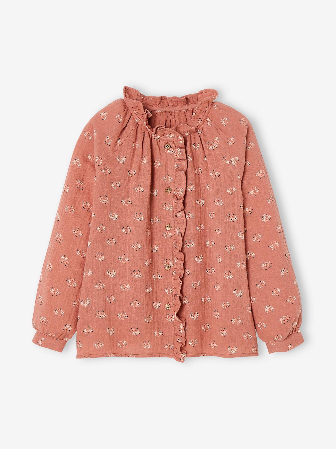 Blusa infantil de chiffon de algodão com babados e estampa floral, cor terracota personalizável.