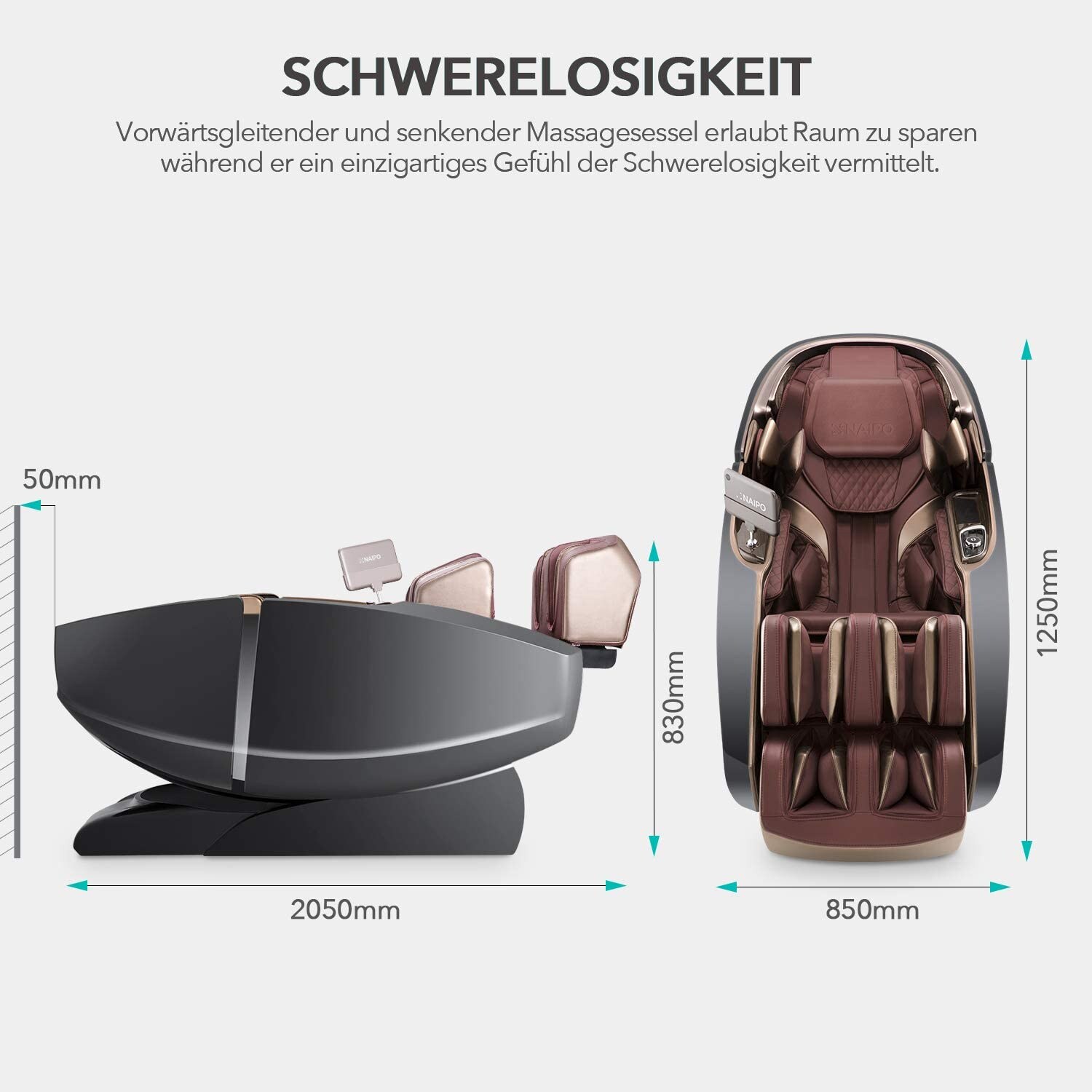 NAIPO Massagesessel mit Aufbauservice Shiatsu Massage Stuhl Zero Gravity für Ganzkörper, mit Heizung, LED, SL Track, Klopfen, Kneten, Luft-Massage-System, Bluetooth 3D Surround Sound Musik - MGC-8900BR