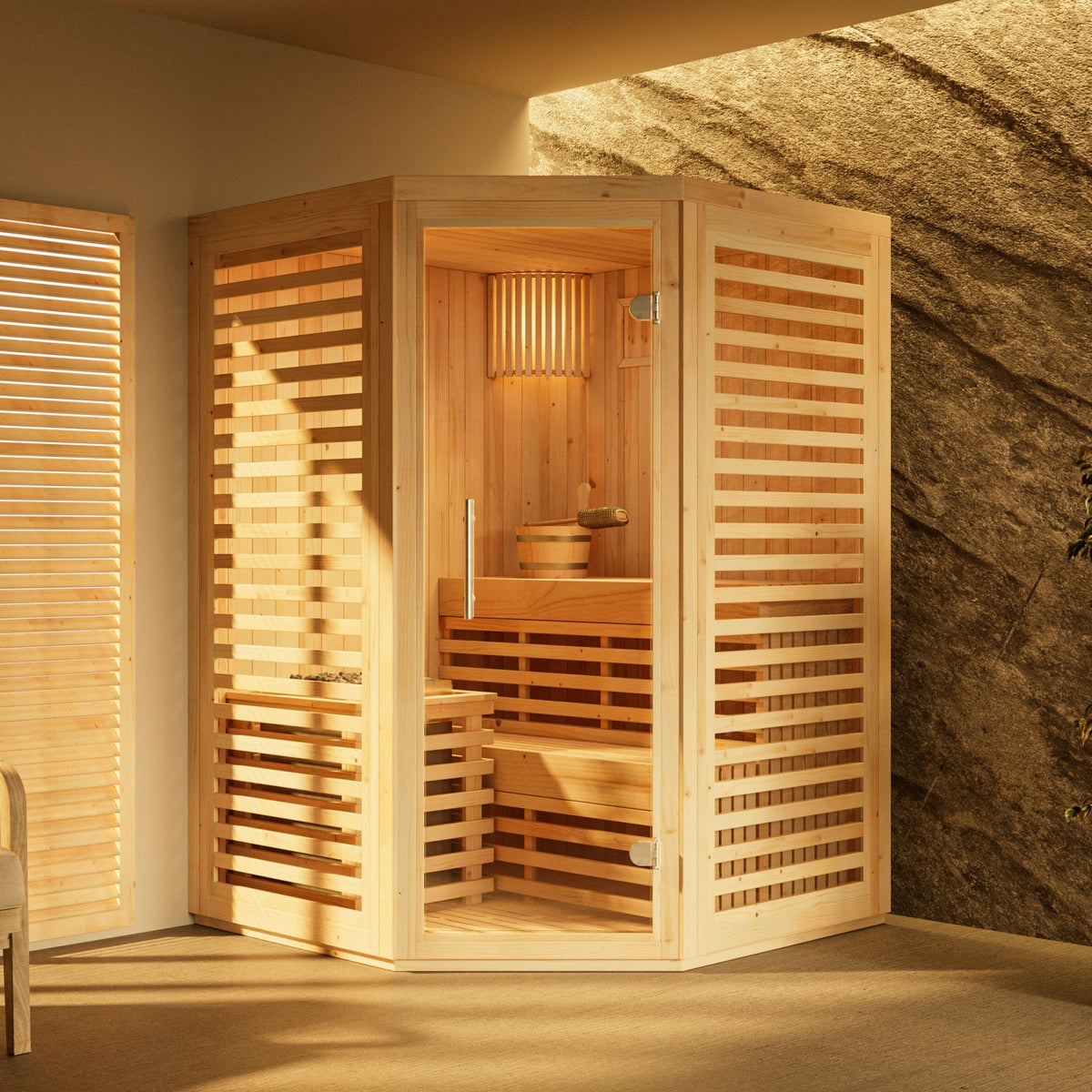FinnTherm Svala binnensauna met 1 houten bank, saunacabine met 42 mm wanddikte, stoomsauna inclusief montagemateriaal, natuurlijke afwerking