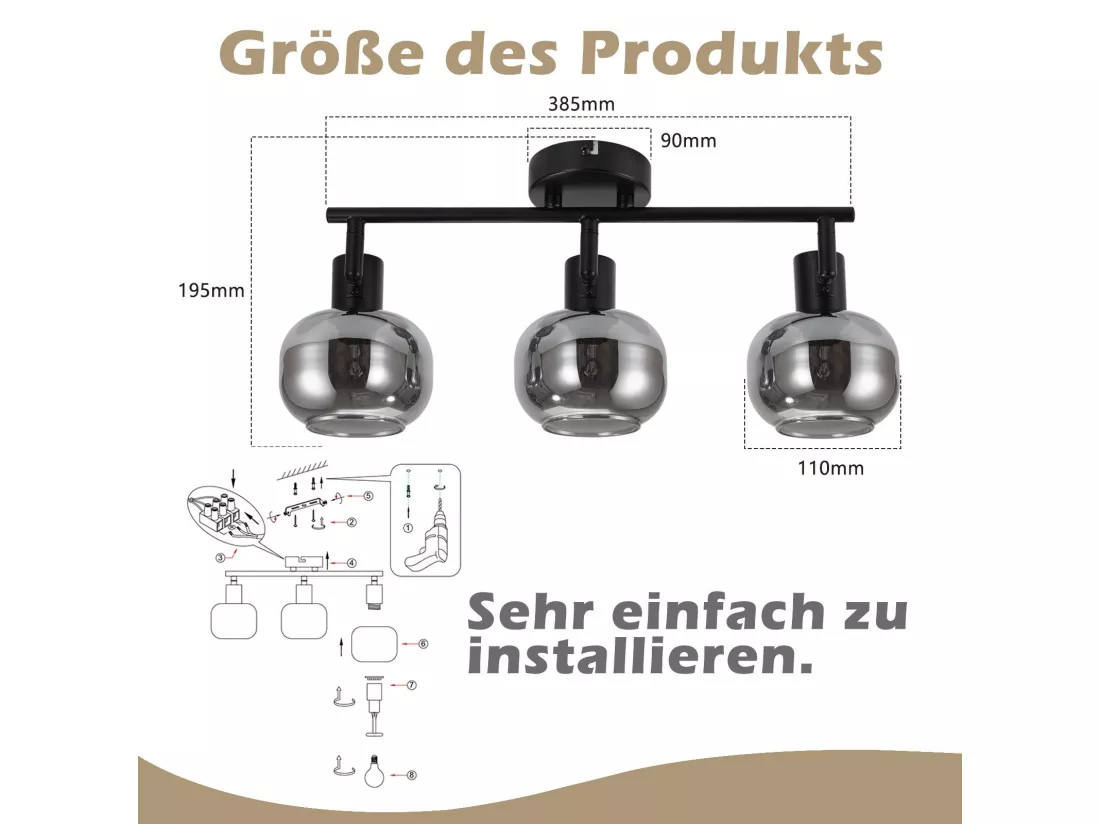 NETTLIFE Plafonnier spot de plafond noir 3 ampoules modernes verre plafonnier orientable à 350° spot E14